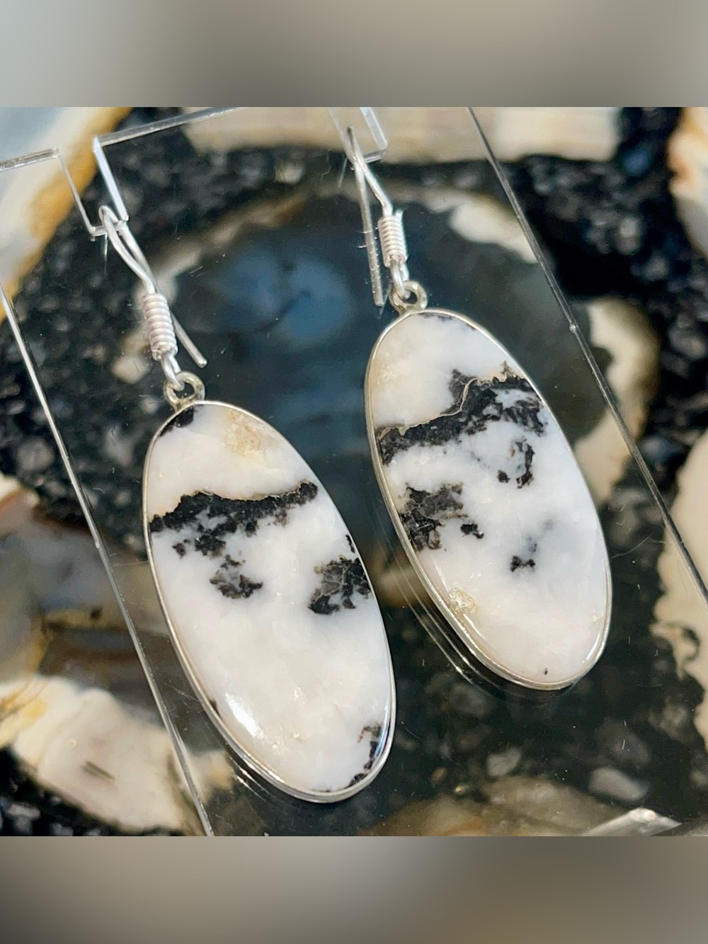 Thin White Buffalo Turquoise Earrings 2” - Picture 7 of 17